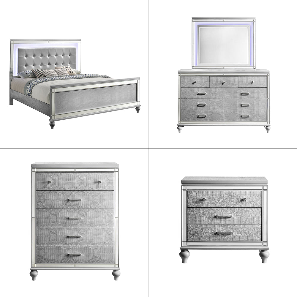 Valentino - Bedroom Set Pearl Silver 4 Pc. Bed, Dresser, Mirror, Chest King