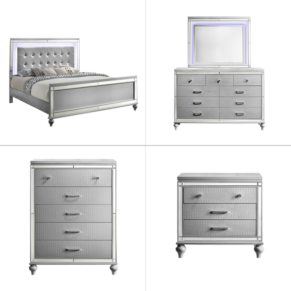 Valentino - Bedroom Set Pearl Silver 5 Pc. Bed, Dresser, Mirror, Chest, Nightstand California King