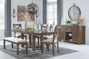 Moriville - Rectangular Dining Table Set Dark Gray 7 Pc. - Rectangular Dining Room Extension Table, 4 Upholstered Side Chairs, Upholstered Bench, Server