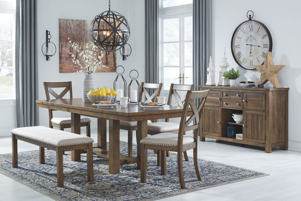 Moriville - Rectangular Dining Table Set Dark Gray 7 Pc. - Rectangular Dining Room Extension Table, 4 Upholstered Side Chairs, Upholstered Bench, Server