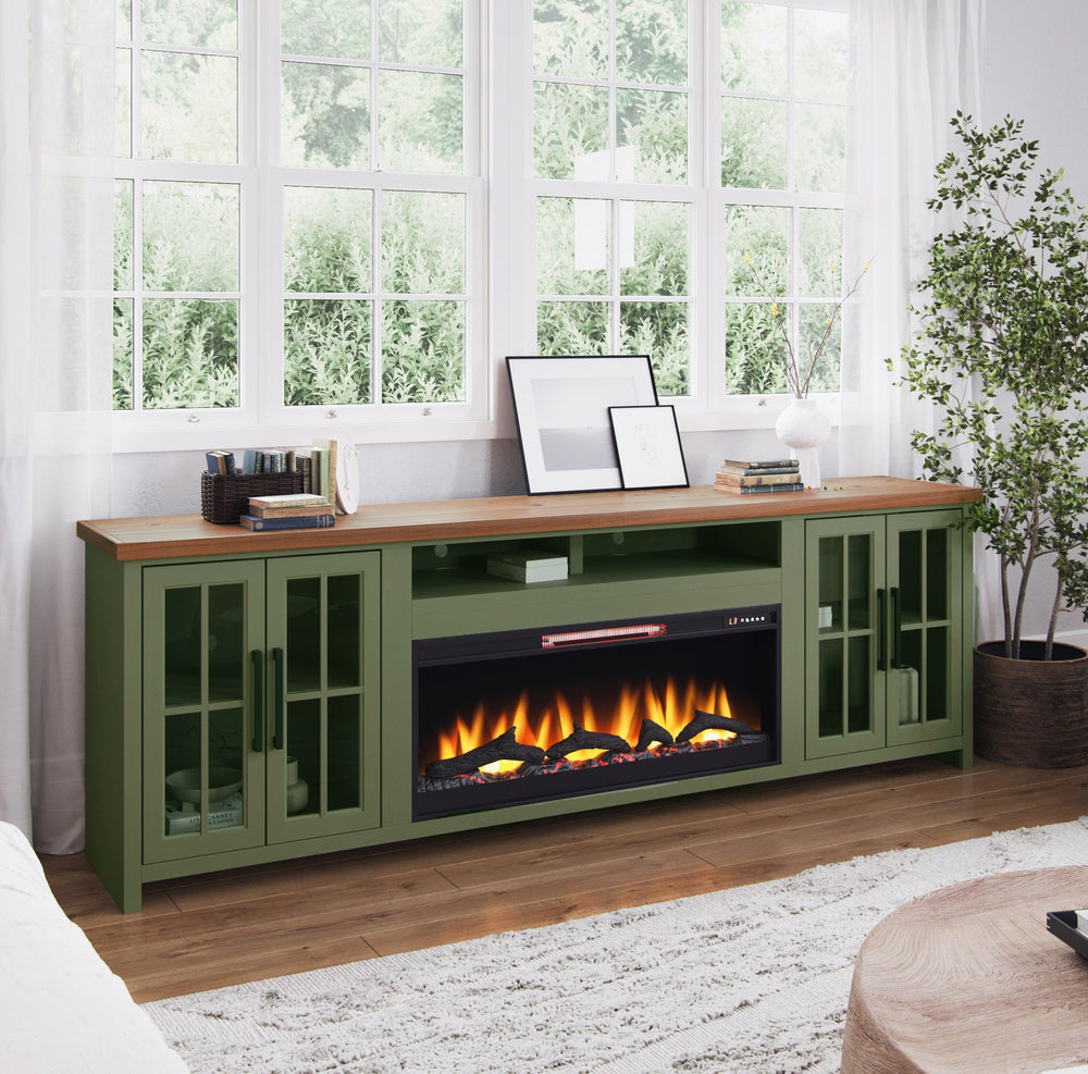 Vineyard - 97" Fireplace TV Stand - Sage Green / Fruitwood