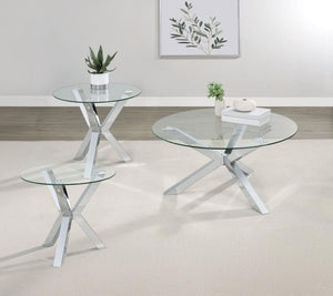 Kenzie - Round Coffee Table Set Pearl Silver 3 Pc. Coffee Table, 2 End Tables