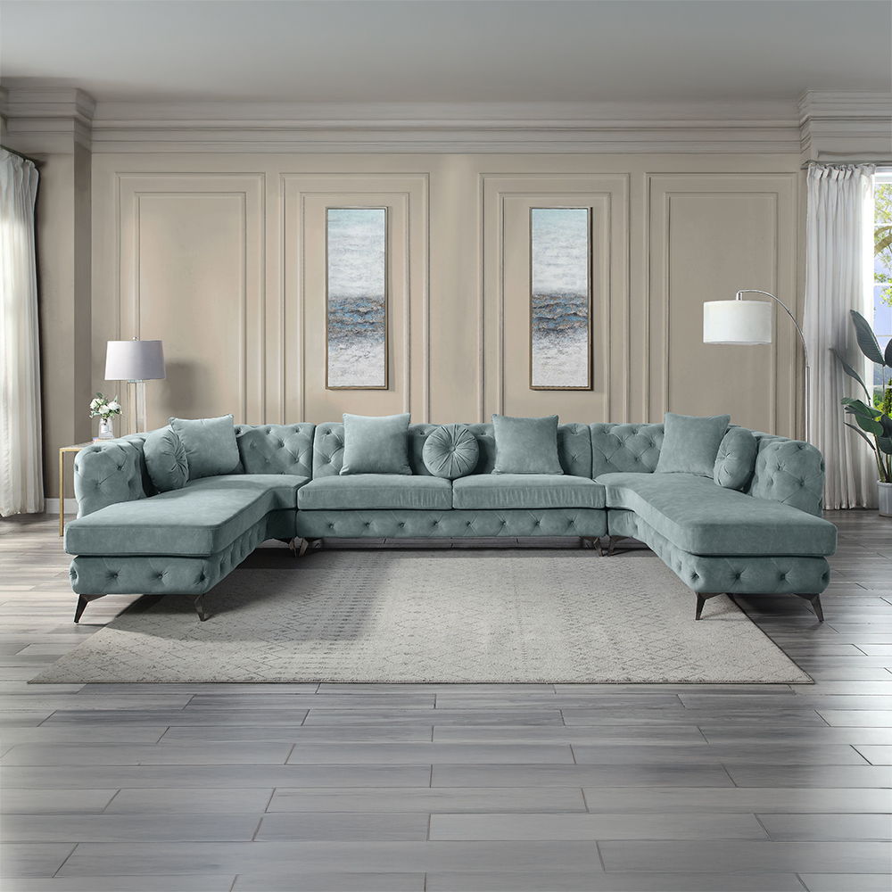 Zerah - Sectional Sofa With 7 Pillows - Dusty Blue Fabric
