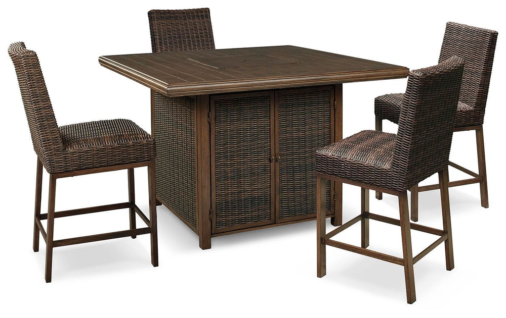 Paradise Trail - Outdoor Fire Pit Table Set Light Brown 7 Pc. Fire Pit Table, 6 Barstools
