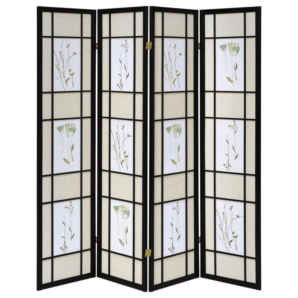 Catabella - 4-Panel Room Divider Folding Shoji Screen Floral - Black