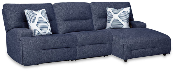 Acklen Place - Reclining Sectional Blue 3 Pc. Power Reclining Sectional With RAF Power Reclining Back Chaise And Power Armless Recliner