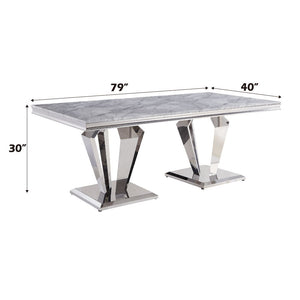 Satinka - Dining Table - Light Gray Printed Faux Marble Top & Mirrored Silver