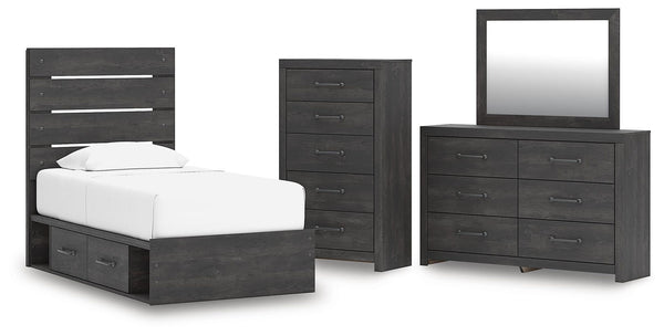 Hollivern - 4 Pc. - Twin Panel Storage Bed, Dresser, Mirror And Chest - Dark Gray
