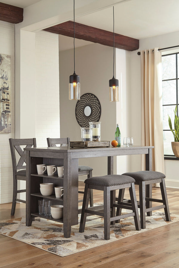 Caitbrook - Rectangular Counter Table Set Gray 5 Pc. - Rectangular Dining Room Counter Table, 2 Upholstered Stools, 2 Upholstered Barstools