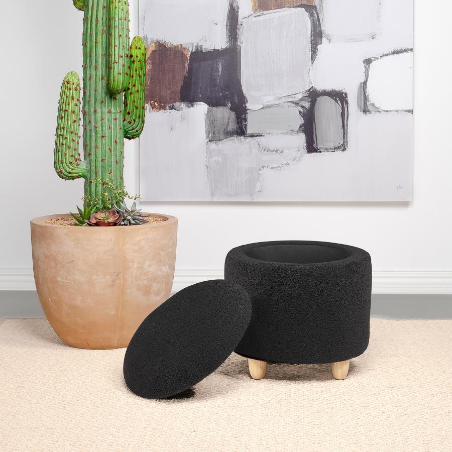 Valia - Faux Sheepskin Upholstered Round Storage Ottoman Black