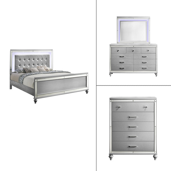 Valentino - Bedroom Set Pearl Silver 4 Pc. Bed, Dresser, Mirror, Chest California King