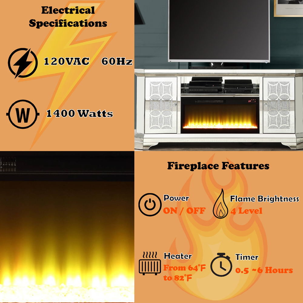 Noralie - TV Stand With Fireplace - Mirrored & Faux Diamonds