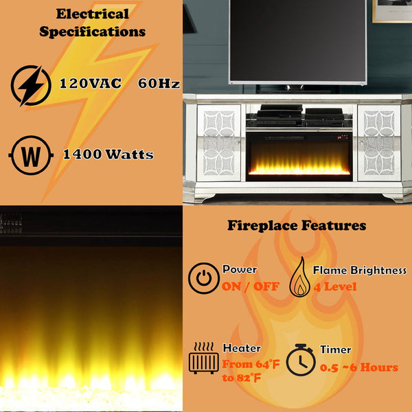 Noralie - TV Stand With Fireplace - Mirrored & Faux Diamonds