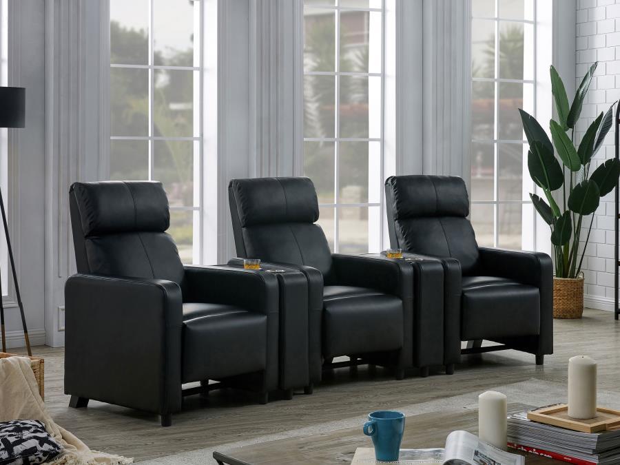 Toohey - Upholstered Tufted Recliner Living Room Set Black 5 Pc. 3 Seats, 2 Console Tables