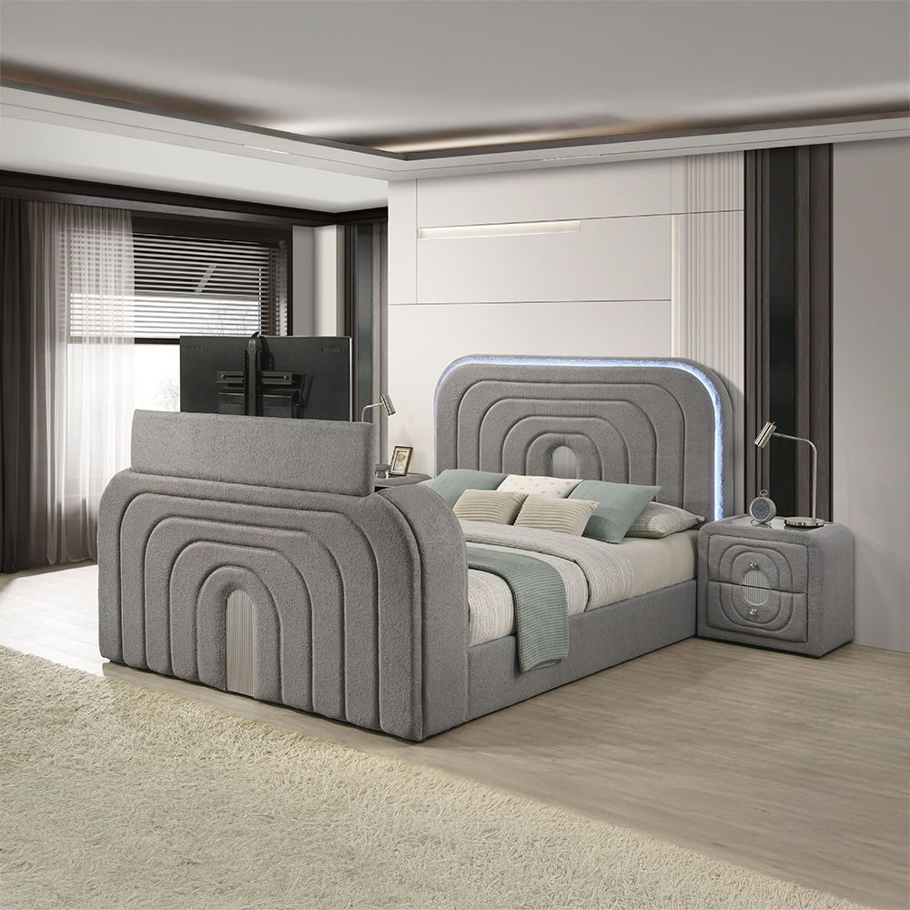 Shelyn - Bed With Led, TV Stand, Fireplace & Bluetooth Gray Teddy Sherpa & Chrome