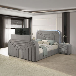 Shelyn - Bed With Led, TV Stand, Fireplace & Bluetooth Gray Teddy Sherpa & Chrome