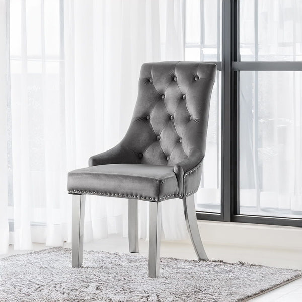 Satinka - Side Chair (Set of 2) - Gray Fabric & Mirrored Silver