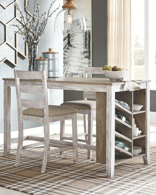 Skempton - Rectangular Counter Table With Storage Set White 3 Pc. - Rectangular Counter Table with Storage, 2 Upholstered Barstools