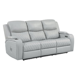Elonzo - Power Motion Sofa With LED, Power Headrest & Speaker - Light Gray