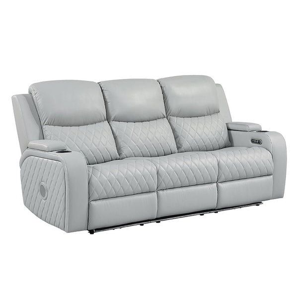 Elonzo - Power Motion Sofa With LED, Power Headrest & Speaker - Light Gray