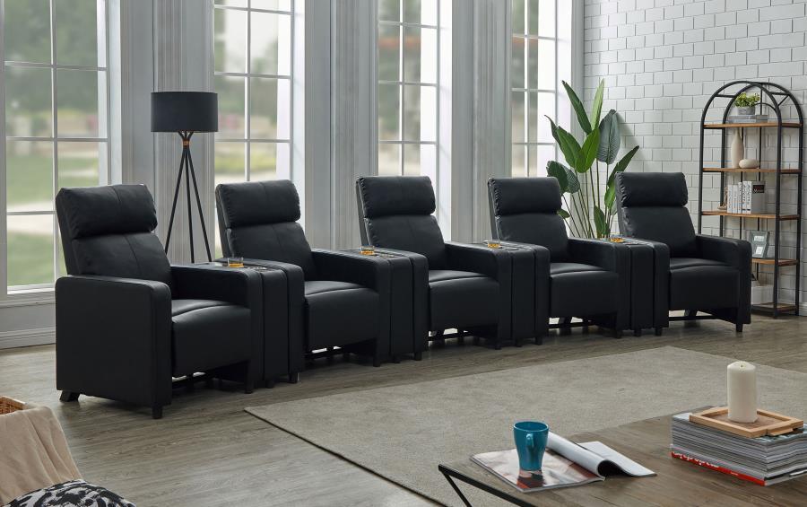 Toohey - Upholstered Tufted Recliner Living Room Set Black 5 Pc. 3 Seats, 2 Console Tables