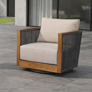 Veranda - Wicker & Wood Swivel Patio Club Chair With Cushions - Natural / Gray / Brown