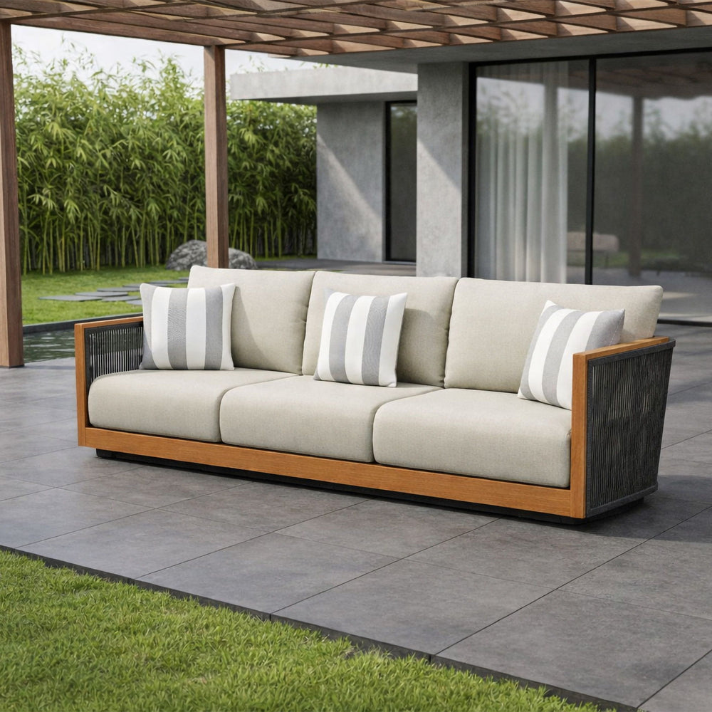 Veranda - Wicker & Wood Outdoor Sofa With Cushions - Natural / Gray / Brown