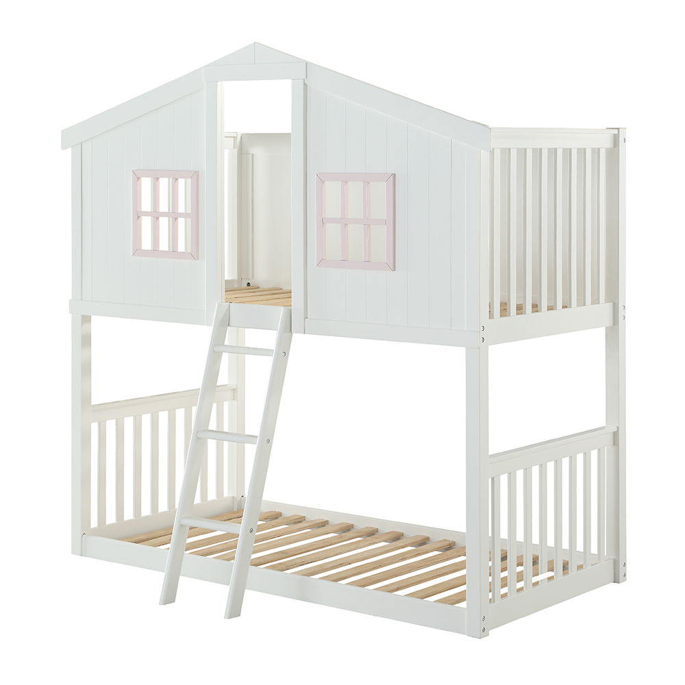 Rohan Cottage - Twin Over Twin Bunk Bed - White & Pink