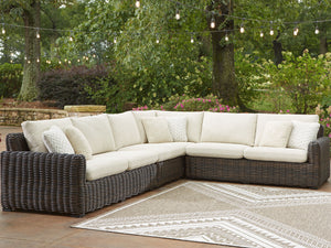 Kimora - Beige / Dark Brown - 7 Pc. - 4-Piece Outdoor Sectional, Swivel Glider Lounge, Cocktail Table, End Table