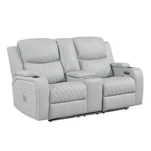 Elonzo - Power Motion Loveseat With Console, LED, Power Headrest & Speaker - Light Gray
