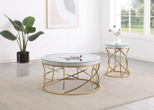 Elise - Round Mirror Top Coffee Table Set Gold 2 Pc. Coffee Table, End Table