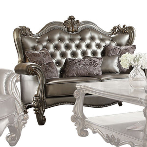 Versailles - Loveseat With 4 Pillows - Silver Synthetic Leather & Antique Platinum