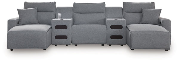 ModMax II - Salt And Pepper - Reclining Sectional Gray 5 Pc. Double Chaise Power Reclining Sectional With 2 Audio Consoles