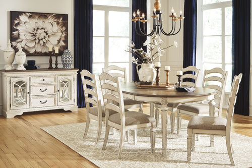 Realyn - Oval Dining Table Set White 7 Pc. - Oval Dining Room Extension Table, 6 Upholstered Ladderback Side Chairs