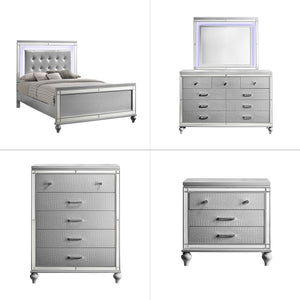 Valentino - Bedroom Set Pearl Silver 5 Pc. Bed, Dresser, Mirror, Chest, Nightstand Queen