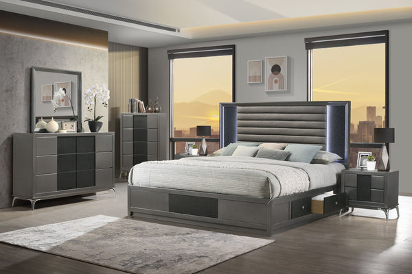 Nocturne - 6/6 Eastern King 6 Piece Bedroom Set (Bed, Dresser, Mirror, Chest, 2 Nightstands) - Gray