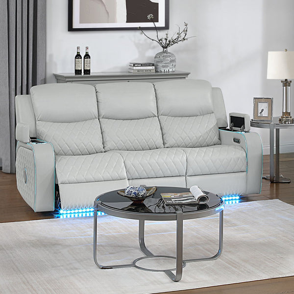 Elonzo - Power Motion Sofa With LED, Power Headrest & Speaker - Light Gray