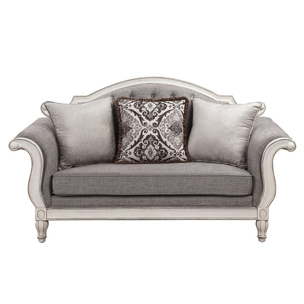 Florian - Loveseat With 3 Pillows - Gray Fabric & Antique White
