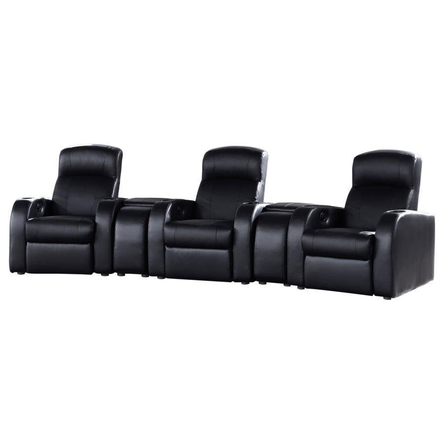 Cyrus - Upholstered Home Theater Seating Black 5 Pc. 3 Seats, 2 Cup Holders