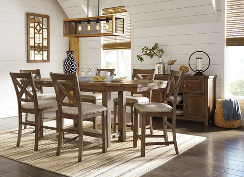 Moriville - Rectangular Dining Table Set - Counter Height Dark Gray 8 Pc. - Rectangular Dining Room Counter Extension Table, 6 Upholstered Barstools, Server