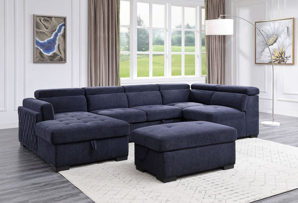 Nekoda - Sectional Sofa With Storage & Ottoman - Navy Blue Fabric