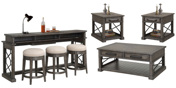Sundance - Cocktail Table Set Dark Gray 7 Pc. Cocktail Table, 2 End Tables, Console Table, 3 Stools
