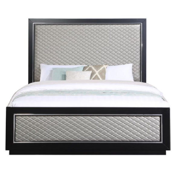 Nicola - Eastern King Bed - Silver Synthetic Leather & Black