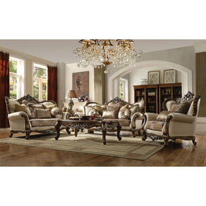 Latisha - Loveseat With 6 Pillows (Same Lv01577) - Tan, Pattern Fabric & Antique Oak