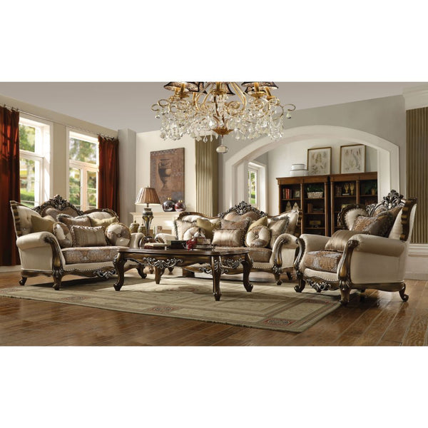 Latisha - Loveseat With 6 Pillows (Same Lv01577) - Tan, Pattern Fabric & Antique Oak