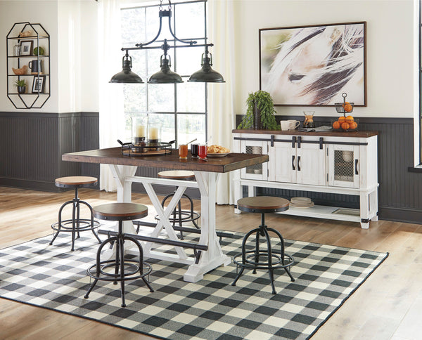 Valebeck - Counter Height Table Set White 6 Pc. - Rectangular Dining Room Counter Table, 4 Swivel Barstools, Dining Room Server