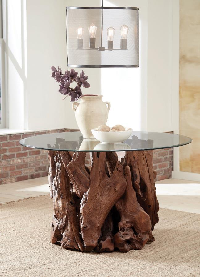 Asbury - Round Glass Top Dining Table - Teak Brown