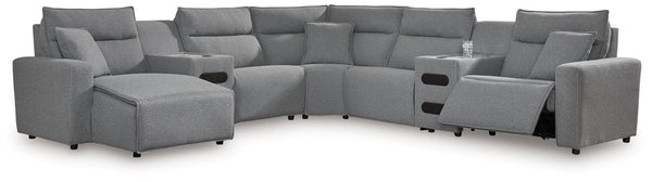 ModMax II - Salt And Pepper - Reclining Sectional Gray 7 Pc. Power Reclining Sectional With LAF Power Chaise And With Audio Console