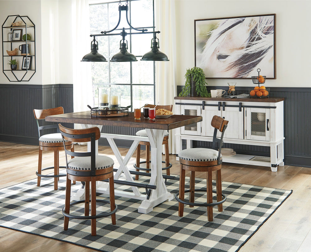 Valebeck - Counter Height Table Set White 6 Pc. - Rectangular Dining Room Counter Table, 4 Swivel Barstools, Dining Room Server