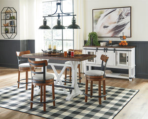 Valebeck - Counter Height Table Set White 6 Pc. - Rectangular Dining Room Counter Table, 4 Upholstered Counter Height Barstools, Dining Room Server